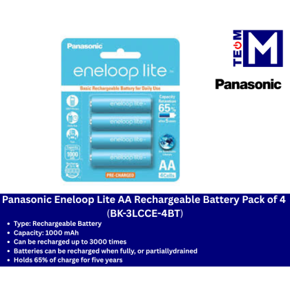 Panasonic Eneloop Lite  AA Rechargeable Battery Pack of 4 (BK-3LCCE-4BT)