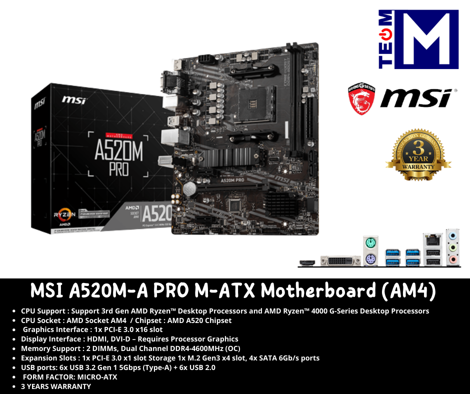MSI A520M-A Pro mATX Motherboard (AM4) (911-7C96-024)