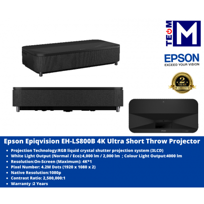 Epson Epiqvision EH-LS800B 4K Ultra Short Throw Projector (4K UHD 3840 X 2160, 4000 LUMENS, 20000 HOURS)