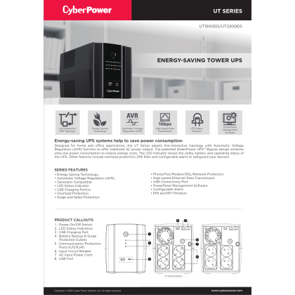 Cyberpower UT2200EG- UK 2200VA / 1320W UPS (With Auto-Shutdown Software)