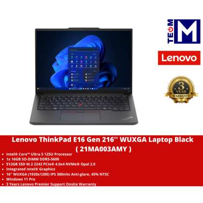 Lenovo ThinkPad E16 Gen 2 (21MA003AMY) 16'' WUXGA Laptop Black ( CU5-125U, 16GB, 512GB SSD, Intel, W11P )