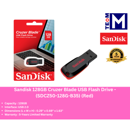 Sandisk 128GB Cruzer Blade USB Flash Drive -(SDCZ50-128G-B35) (Red) 