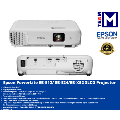 Epson PowerLite EB-E12 / EB-E24 / EB-X52 / 3LCD Projector (3,600 lumens / 1,024 × 768 / 1xSpk )