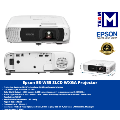 Epson EB-W55 3LCD WXGA Projector (4,000 lumens / 2*HDMI / With Spk)